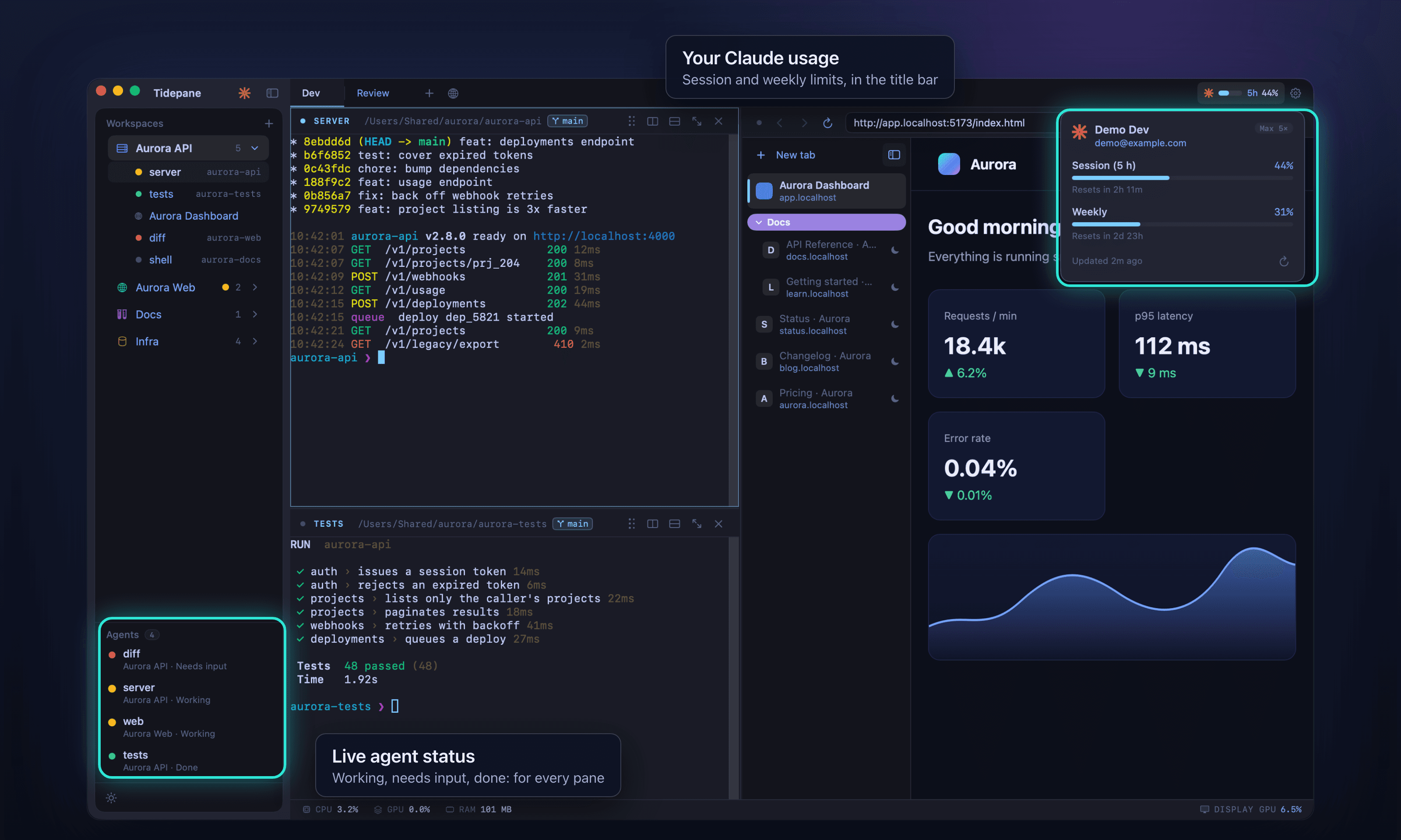 The sidebar listing agents with their live status