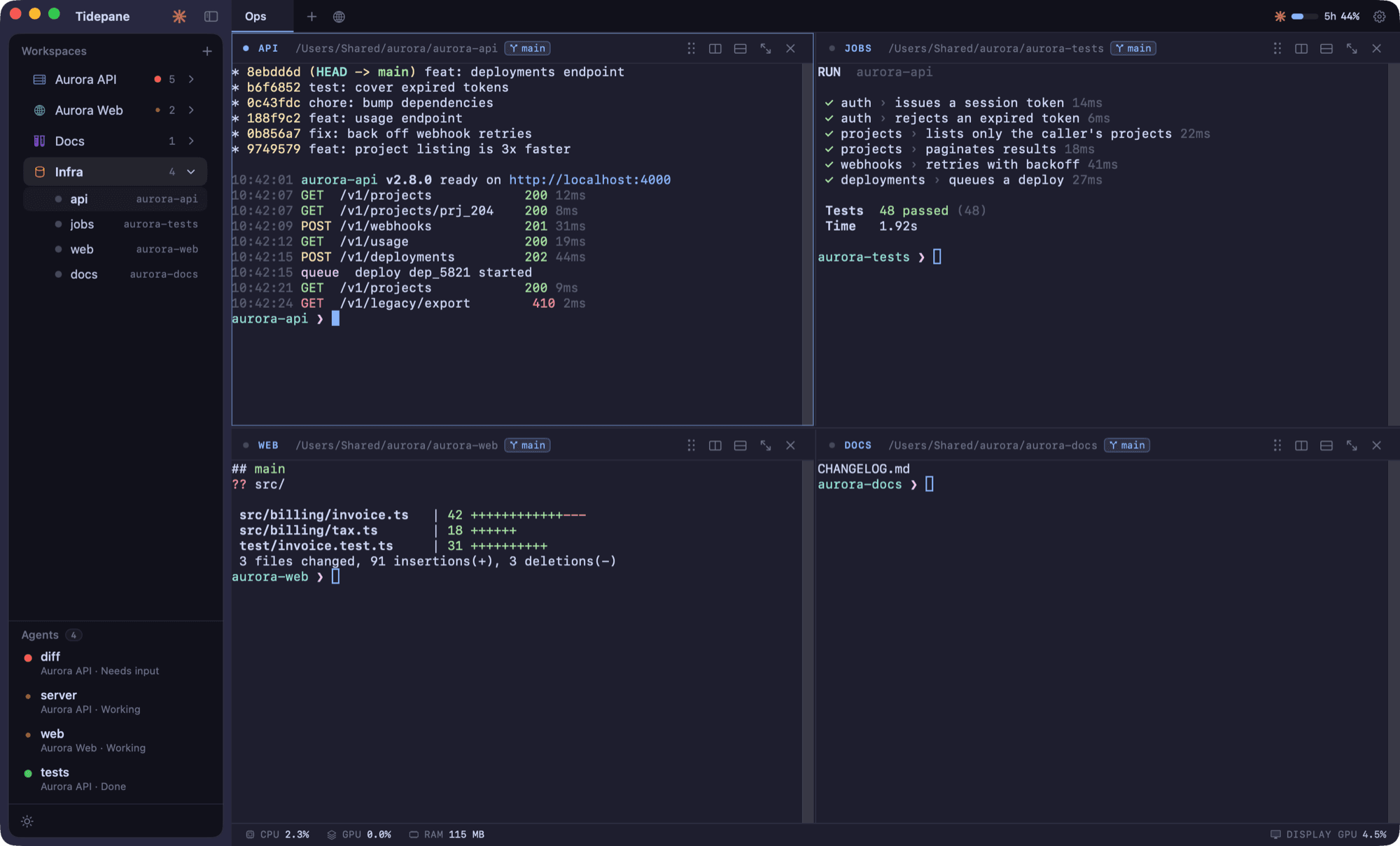 A workspace split into several terminals